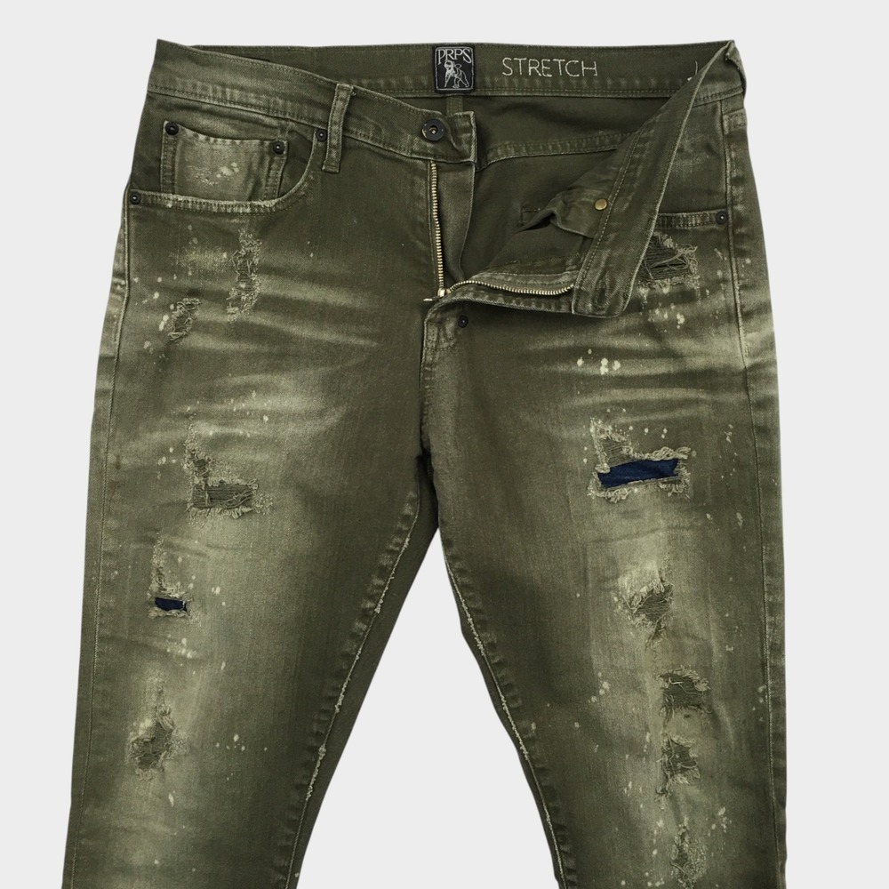 PRPS Mens 34 Olive Green Distressed Stretch Slim Jeans‎ Paint Splatter